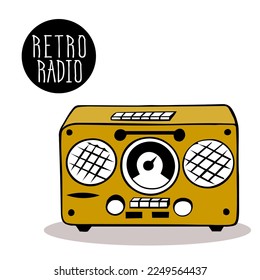 Retro radio in rectangular wooden case with speakers and no handle. old electrical device from the 80s. Signal reception, listening to podcasts, FM, AM broadcasting, retro transistor. World Radio Day.