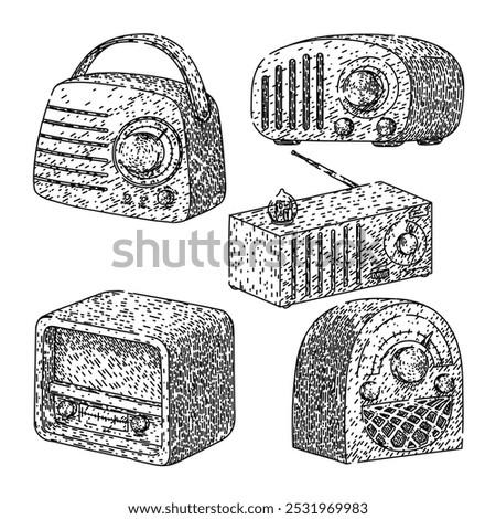 retro radio set hand drawn. classic analog, tuner broadcast, transistor dial retro radio vector sketch. isolated black illustration
