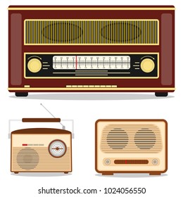 Retro radio, retro radio set. Listen to the radio station. Flat design, vector illustration, vector.