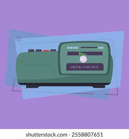 Retro radio set. Vintage receiver with buttons, volume control, frequency wave and speaker. Vector illustration can be used for topics like broadcasting, communication, analog technology