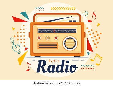 Retro Radio Vector Illustration with Player Style for Record, Old Receiver, Interviews Celebrity and Listening to Music in Flat Cartoon Background