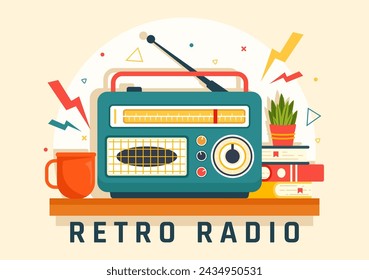 Retro Radio Vector Illustration with Player Style for Record, Old Receiver, Interviews Celebrity and Listening to Music in Flat Cartoon Background