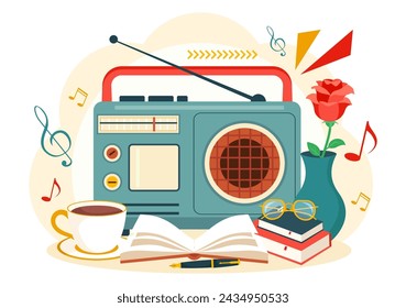 Retro Radio Vector Illustration with Player Style for Record, Old Receiver, Interviews Celebrity and Listening to Music in Flat Cartoon Background