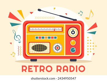 Retro Radio Vector Illustration with Player Style for Record, Old Receiver, Interviews Celebrity and Listening to Music in Flat Cartoon Background