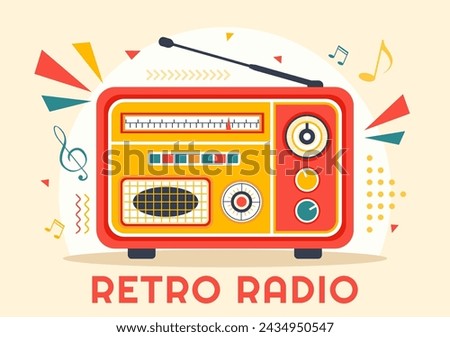 Retro Radio Vector Illustration with Player Style for Record, Old Receiver, Interviews Celebrity and Listening to Music in Flat Cartoon Background