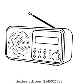 Retro Radio Vector Illustration. This is a black and white line art illustration of a retro-style radio. The radio features a circular speaker on the left side, a digital display screen on the right.