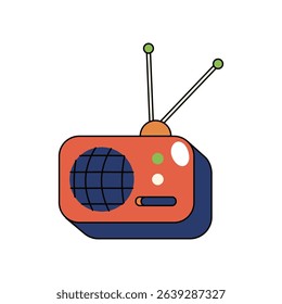 Retro radio or vintage analog receiver. Vector icon for old audio broadcast device with antenna. Clipart of AM and FM frequency tuner. 90s or 80s music and audio transmission. Nostalgic communication.