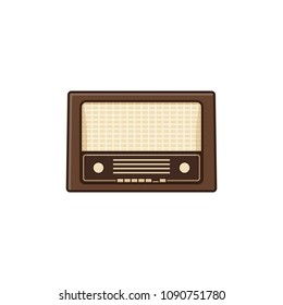 Retro radio. Vintage radio receiver isolated on white background. Vector illustration. Icon in line art flat design. House equipment 1960s, 1970s.