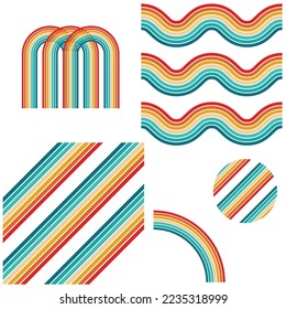 Retro Rainbow Abstract Background, Vintage 70s Rain Bow Arch Vector Illustration, 1970s Multicolor Flat Party Rainbow