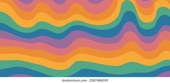 Retro rainbow abstract wavy background. Trendy distorted colorful in vintage y2k style. Psychedelic hippie pattern.