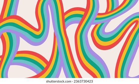 Retro rainbow background in 60-70s style. Colorful stripes on beige backdrop. Vintage wavy lines groovy design. Trendy hippie print illustration