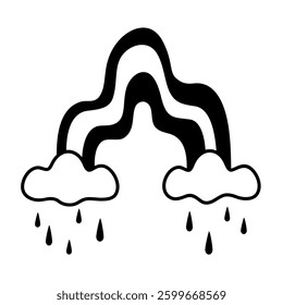 Retro rainbow clipart, black and white groovy rainbow doodle, hand drawn retro objects. Vector illustration in flat style