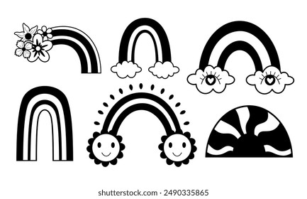 Clipart arco iris retro en estilo plano. Clipart arcoíris estupendo. Garabato arco iris blanco y negro. Ilustración vectorial dibujada a mano