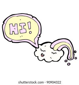 caricatura de la nube arco iris retro diciendo hola
