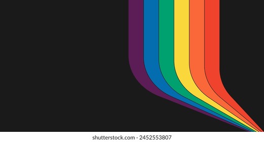 Retro rainbow color striped path horizontal banner. Geometric hippie rainbows perspective flow cover. Vintage hippy abstract spectral iridescent stripes. Trendy minimalism disco style y2k colorful art