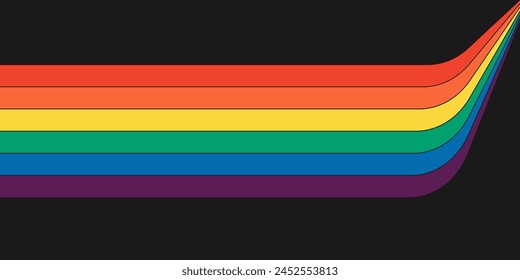 Retro rainbow color striped path horizontal banner. Geometric hippie rainbows perspective flow print. Vintage hippy abstract spectral iridescent stripes. Trendy minimalistic y2k colorful pop art. Eps