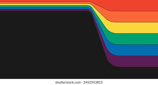 Anuncio Horizontal de rayas de color arco iris retro. Impresión geométrica hippie arco iris en perspectiva de flujo. Antiguas hippy abstracto espectral rayas iridiscentes. Estilo de discoteca minimalista de moda y2k colorido arte