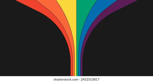 Retro Regenbogen Farbe gestreiften Pfad Horizontalen Banner. Geometrische Hippie-Regenbogen-perspektivische Strömungsabdeckung. Klassische Hippie abstrakte spektrale irisierende Streifen. Trendy minimalistisch Disco Stil y2k bunte Kunst