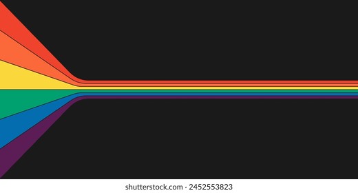 Anuncio Horizontal de rayas de color arco iris retro. Impresión geométrica hippie arco iris en perspectiva de flujo. Antiguas hippy abstracto espectral rayas iridiscentes. Minimalismo moderno y2k arte pop colorido. Eps