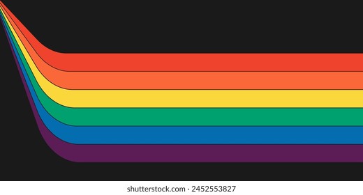 Retro rainbow color striped path horizontal banner. Geometric rainbows perspective flow print. Vintage abstract spectral iridescent stripes. Trendy modern minimalistic disco style y2k colorful pop art