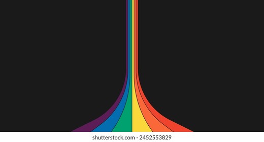 Retro rainbow color striped path horizontal banner. Geometric hippie rainbows perspective flow print. Vintage hippy abstract iridescent stripes. Trendy minimal y2k colorful spectrum pop art. Vector