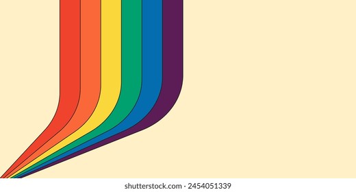 Retro rainbow color striped path horizontal banner. Geometric hippie rainbows perspective flow cover. Vintage hippy abstract spectral iridescent stripes. Trendy minimal disco y2k colorful art lines