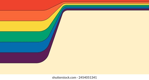 Retro rainbow color striped path horizontal banner. Geometric hippie rainbows perspective flow print. Vintage hippy abstract spectral iridescent stripes. Trendy minimal disco y2k colorful art lines