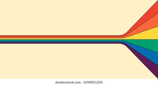 Retro rainbow color striped path horizontal banner. Geometric hippie rainbows perspective flow print. Vintage hippy abstract spectral iridescent stripes. Trendy minimalism y2k colorful pop art lines