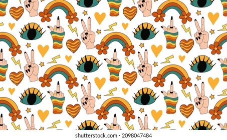 Retro rainbow eye 70s seamless pattern. Hippie repeating texture, background. Vector illustration