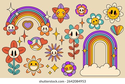 Retro rainbow flower collection - groovy smiling faces on colorful blooms with peace symbols, hearts and sparkles. Vintage hippie daisies, psychedelic arches and clouds for 70s style nostalgic design.