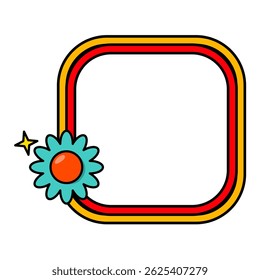Arco-íris retrô. Quadrado retrô pop quadrado. Pop retro quadro groovy com flores retro.