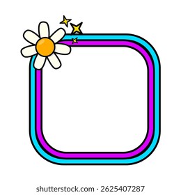Marco de arco iris retro. Marco retro pop cuadrado. Marco Pop retro groovy con flores retro.