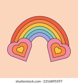 Retro rainbow in hippie style. Groovy trippy hearts in style of 70s. Retro prints with hippie elements for T-shirt, cards, stickers. Vector Illustration