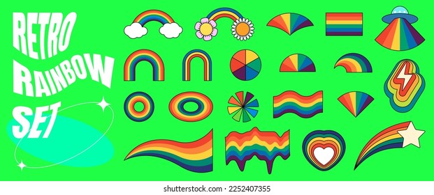 Retro rainbow hipster set. Psychedelic hippie style rainbows collection. Vintage hippy style crazy various abstract iridescent arch. Trendy pop culture colorful bright design elements. Vector eps