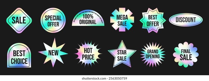 Retro rainbow holographic different shape sale stickers set. Y2k hologram tag, label, emblem pack.