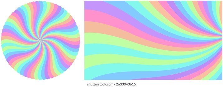 Retro rainbow pattern background. Colorful vector retro psychedelic sunburst. Abstract simple wavy backdrop. Abstract geometric candy swirl. Circus or childish fectival banner 