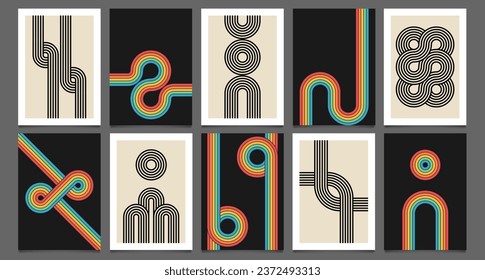 Retro rainbow posters. 70s boho groovy style color lines, 60s striped design poster, hippy disco 1970s rainbow print. Vintage artwork with arch vector set. Colorful and black curved paths