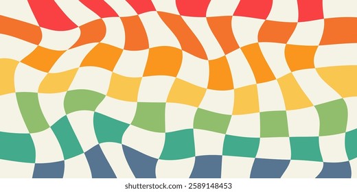 Retro rainbow psychedelic checkerboard with a twisted warped grid. Groovy geometric waves, bold colors, funky 70s hippie aesthetic, dynamic motion.