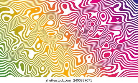 Retro, rainbow, psychedelic, flat, abstract, cartoon optical illusion looping background. Liquify Lines horizontal background waves Groovy hippie 70s