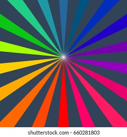 Retro rainbow rays background. Glowing star in centre. Colorful flat vector illustration