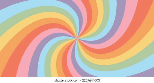 Retro rainbow spiral background illustration. Trendy swirl colorful texture in vintage y2k style. Psychedelic hippie pattern, hypnosis twirl poster.