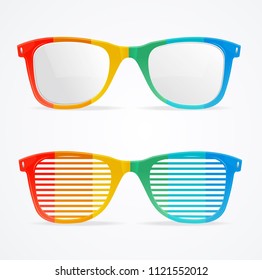 Retro Rainbow Striped Sunglasses Set Isolated on White Background Funny Look Concept. Vector illustration of Spectrum Eyeglass