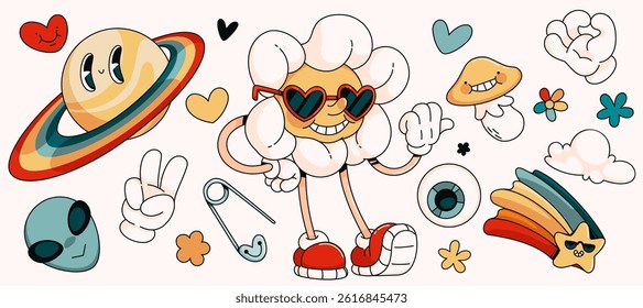 Retro rainbow summer characters set - cheerful smiling daisy character in heart shaped sunglasses, Saturn planet, alien head, flowers and hands gestures. 70s hippie vibes cartoon groovy stickers.