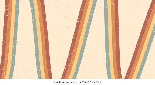 Retro rainbow vertical lines path background. Horizontal banner with boho stripes abstract pattern. Vector vintage curved underline geometric backdrop. Dynamic grunge noise playful wallpaper.