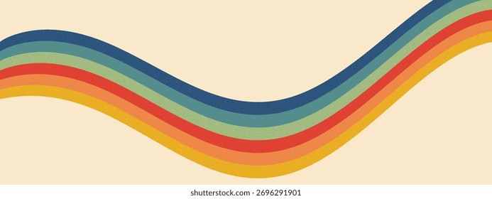 Retro rainbow wave background with groovy wavy lines. Abstract vintage stripes flow in parallel curves across beige backdrop. Vector seamless pattern with 70s-inspired geometric bands. 