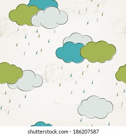 Retro rainy clouds, seamless pattern