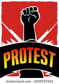 Retro Raised Fist Protest Poster Vector – Revolutionary Political Art, Activism Symbol with Bold Typography and Red Background	