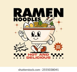 Retro ramen noodle cartoon character graphic design, perfect for graphic tees, t-shirts, posters, stickers, merchandise, and more