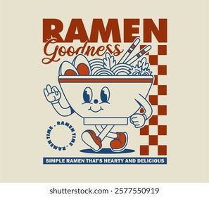 Retro ramen noodle cartoon character graphic design, perfect for graphic tees, t-shirts, posters, stickers, merchandise, and more