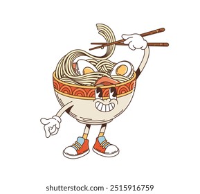 Retro ramen noodles with eggs cartoon groovy character. Playful bowl with noodles, vegetables and happy face holding chopsticks. Isolated vector fun Korean food personage representing Asian cuisine